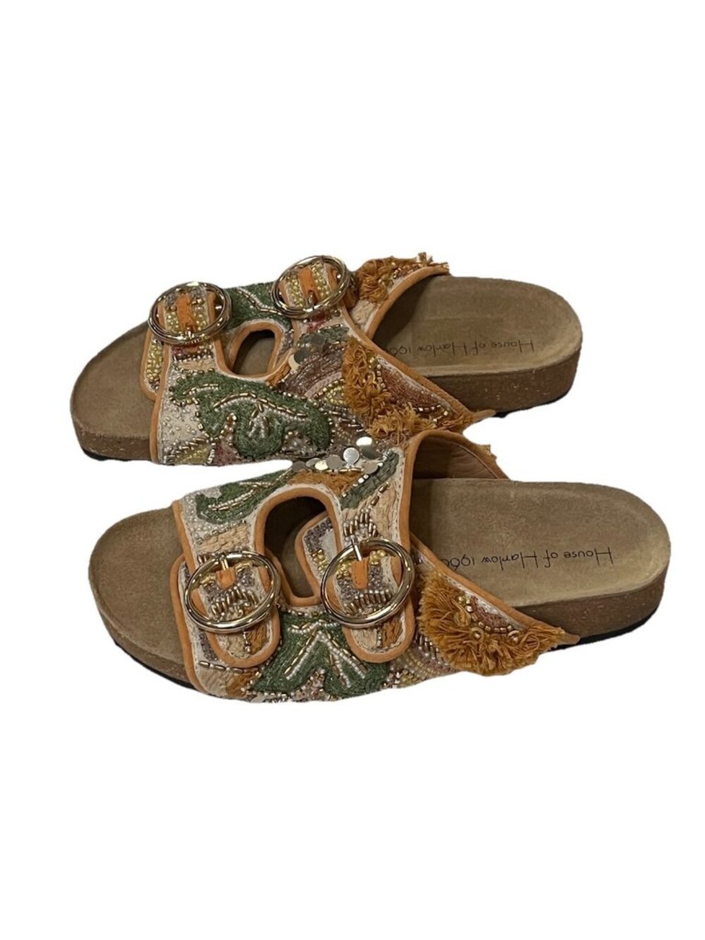 House of Harlow Beaded Slide Sandals Sz 6 Boho Embellished Festival Lux